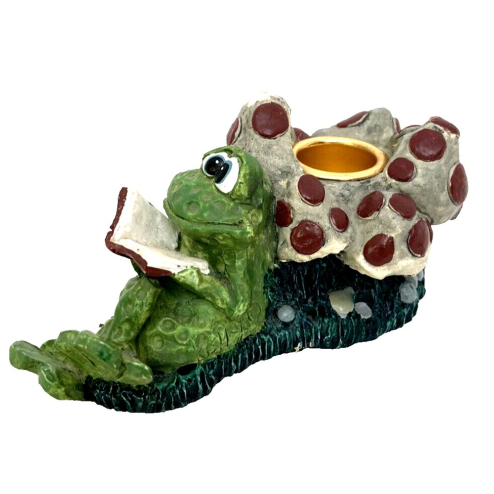 Russ Berrie Candle Holder Lily Pad Pals Frog Reading Book Mushrooms Resin Whimsy